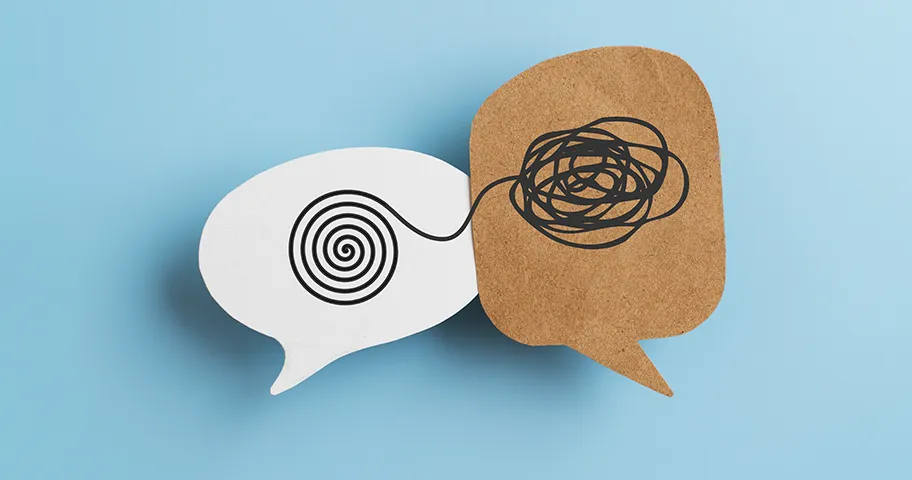Speech bubbles graphic showing ordered spiral in one leading to jumbled scribble in other representing calm and stress.
