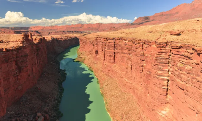 An aerial shot of the Colorado River in the Grand Canyon.