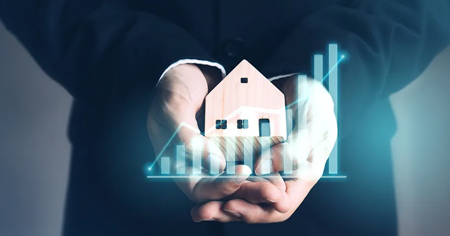 Graphic of hands holding a wooden house with superimposed graph graphic