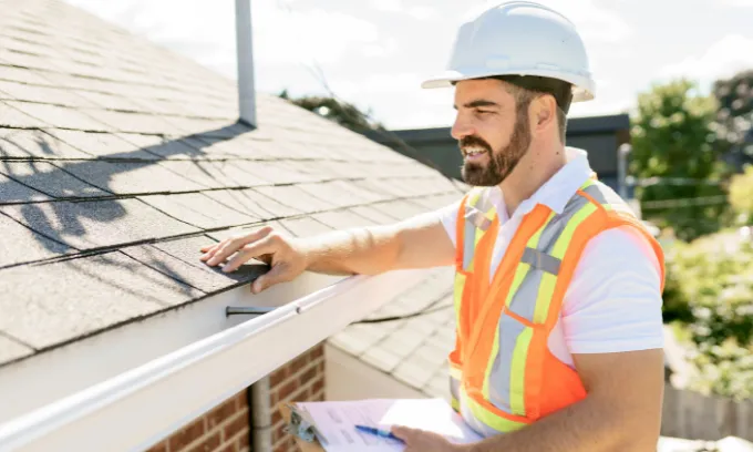 A man in a hard hat looking at a roof, perhaps partway through a building and pest inspection.